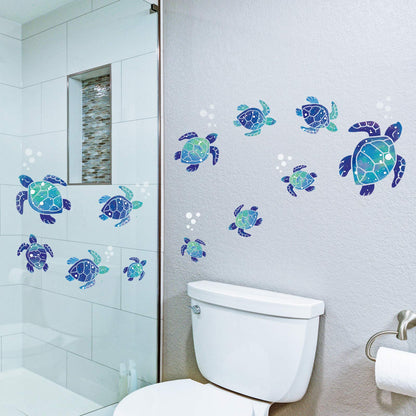 12 Pcs Sea Turtle Wall Decals Ocean Turtle Vinyl Stickers Underwater Bathroom Decals Waterproof Wall Sticker Decoration for Home Office Nursery Room Toilet (Blue)