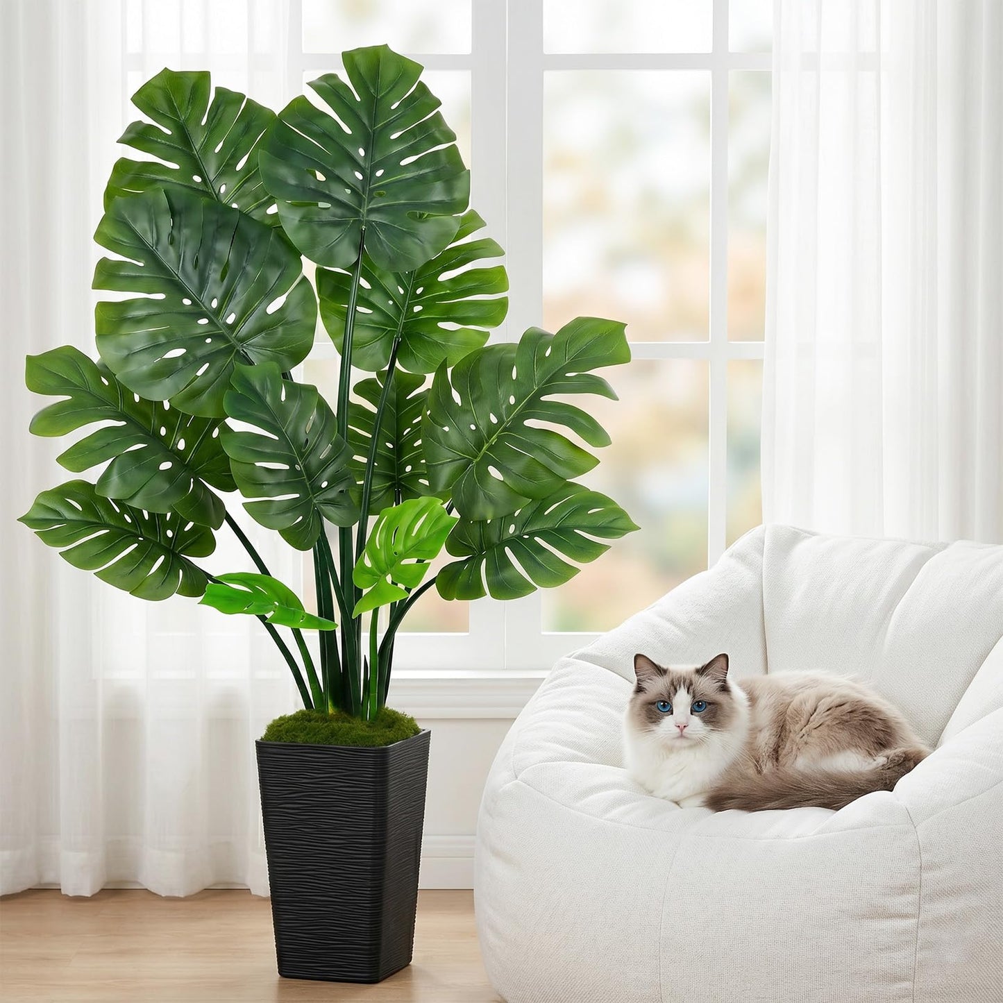 UPBUD Artificial Monstera Deliciosa Plant, 5FT Fake Monstera Tree with 12 Lifelike Leaves & Black Pot, 60in Tall Faux Floor Trees Fake Plants for Indoor Office Porch Living Room Windowsill Decor