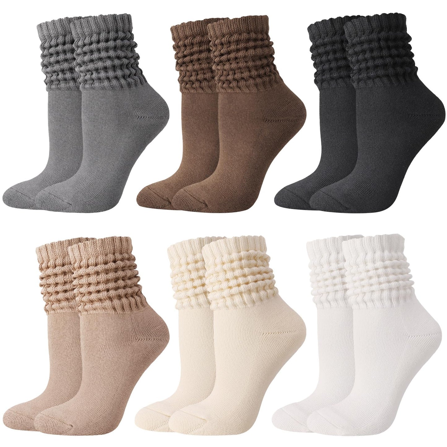 Jspupifip 6 Pairs Slouch Socks for Woman Scrunch Socks Knit Mid Calf Rib Tube Scrunchy Slouchy Retro Trendy Crew Socks