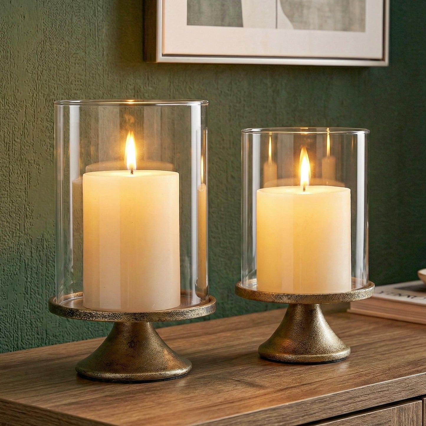 SUJUN Set of 2 Hurricane Candle Holder Set with Glass Dome & Iron Base – Elegant Decorative Pillar Candle Holders for Living Room, Dining Room & Bedroom Centerpiece - Ideal Home Décor