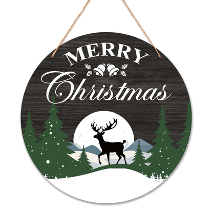 OXRUN Merry Christmas Wooden Hanging Decorations, Winter Xmas Tree Reindeer Door Sign with Jute Rope, Wooden Farmhouse Wall Front Door Hanger, Housewarming Gifts-A01