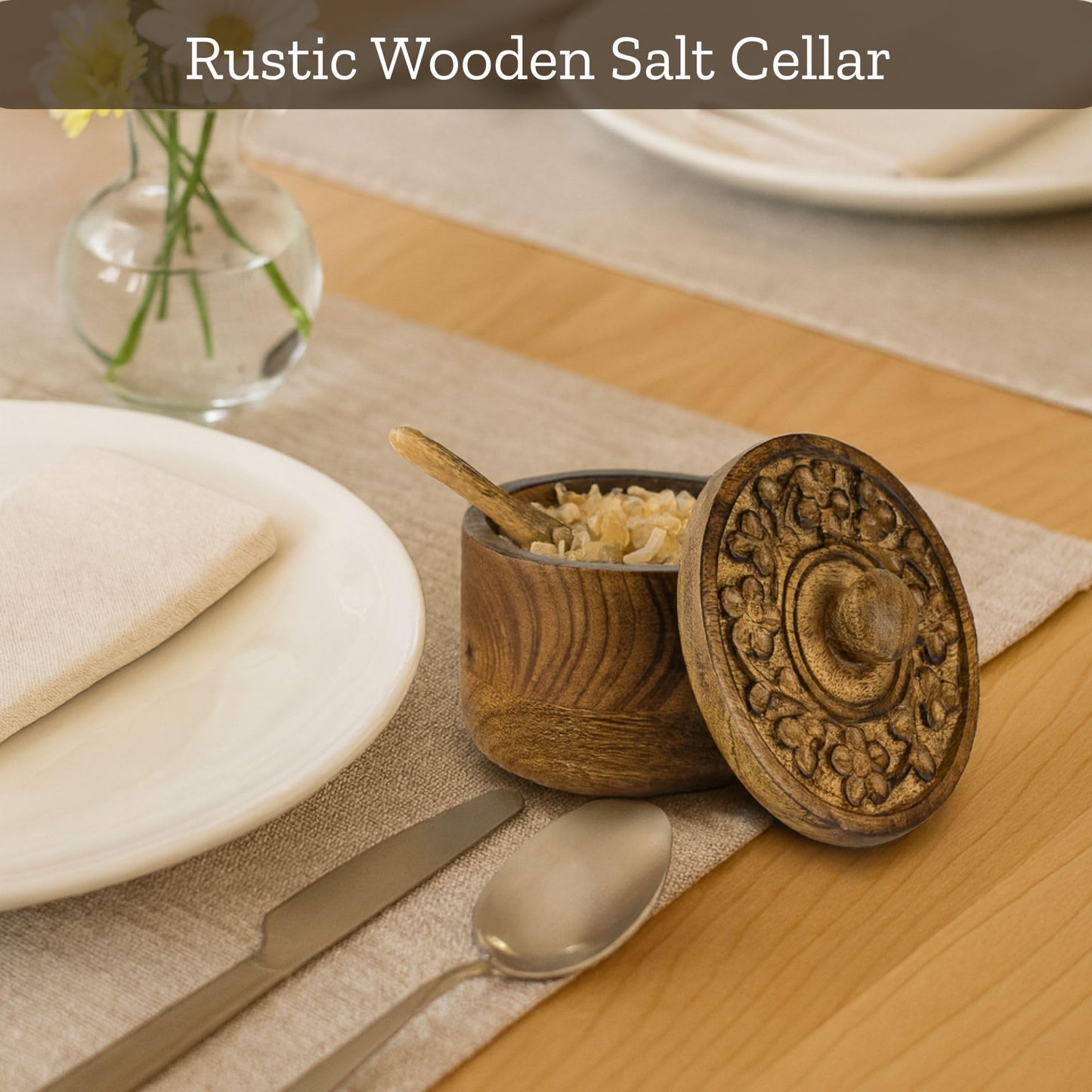 Mie Creations Rustic Salt Box Cellar with Hand Carved Lid & Spoon, Wooden Salt Pinch Bowls | Wood Salt Pepper Keeper, Spice Bowls for Cooking, Sugar Holder for Kitchen, Christmas Thanksgiving Decor