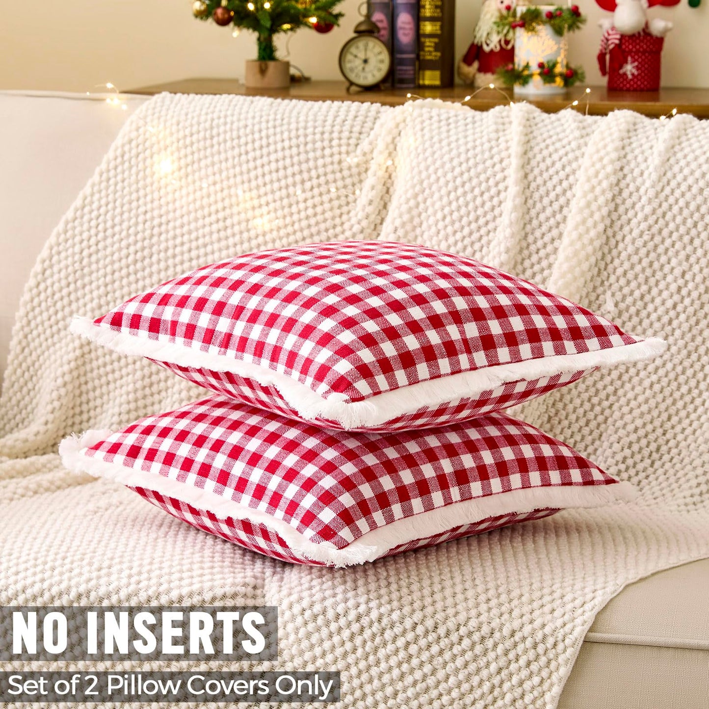 12x20 Red and White Christmas Plaid Gingham Lumbar Pillow Covers Set of 2