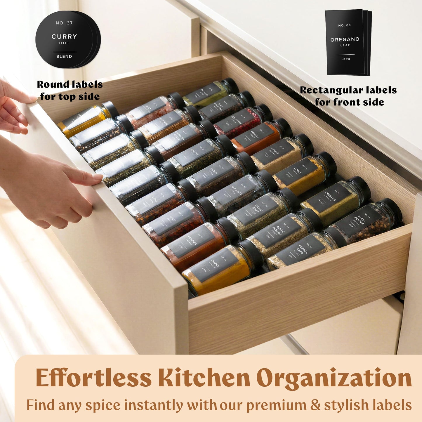 EDELHAUS Square Glass Spice Jars (24 x 4oz) with Black Lids + Magnetic Spice Rack for Refrigerator (Fits 12 Jars) + Bonus Slim Auxiliary Rack, 240 Labels, Shaker Inserts, Funnel