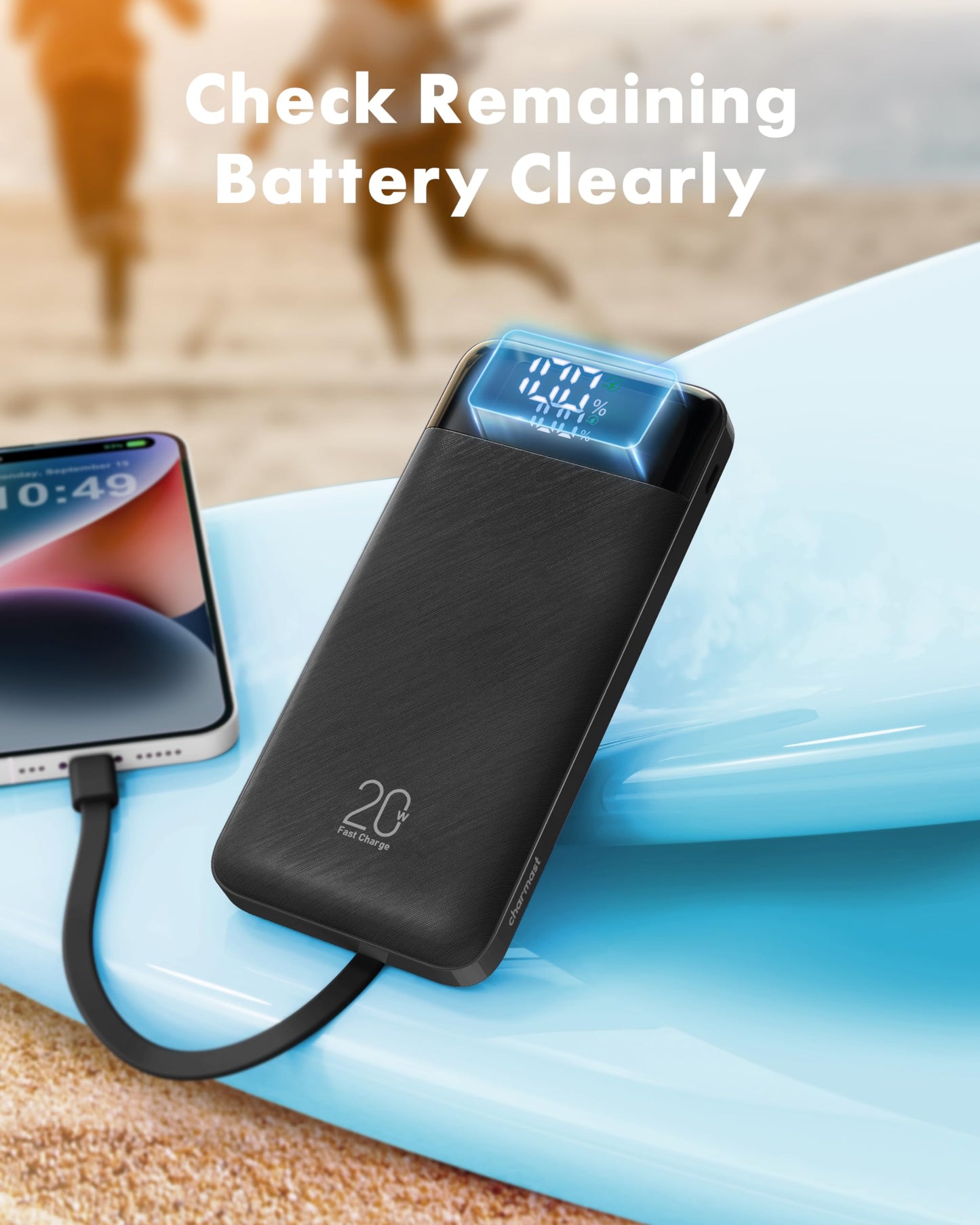 Charmast Power Bank, 20000mAh Built-in 4 Cables Portable Charger, 20W Fast Charging Battery Pack with 4 Ports, USB-C Powerbank for iPhone 16/15/14 Series, iPad, AirPods, Android Phone,and more(Black)
