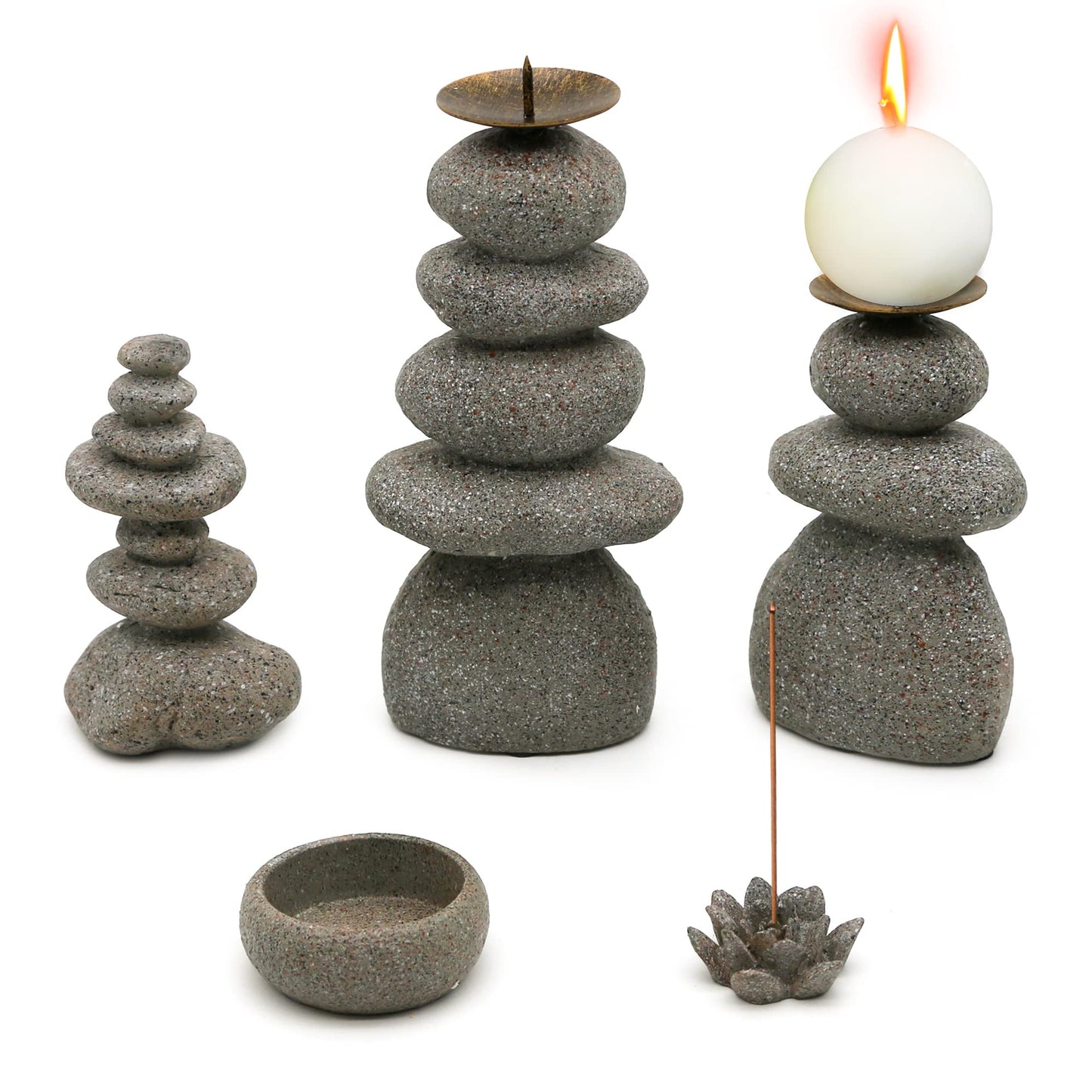 Rock Cairns Candle Holder - Taper Pillar Candle Stick Holder Set of 5 - Balance Stones Candlestick Holders Candlelight Stand for Zen Garden, Altar, Mantle, Yoga, Home Decoration, Meditation Gift