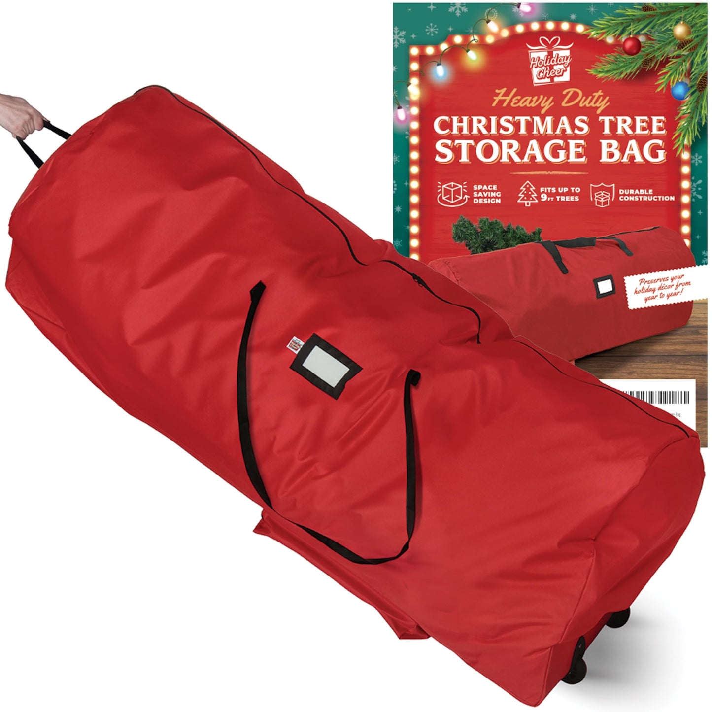 Holiday Cheer Christmas Tree Storage Bag with Wheels – Heavy Duty Christmas Tree Bag Fits Up to 9ft Tall Artificial Christmas Tree, Waterproof, Durable Handles & Zipper – Xmas Tree Storage Bag (Red)
