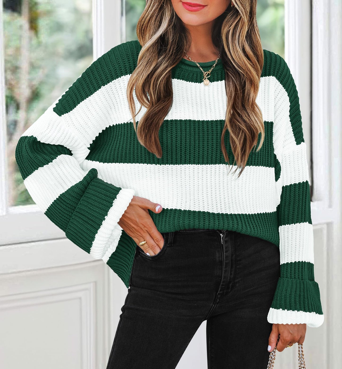 ZESICA Women's 2025 Fall Long Sleeve Oversized Striped Color Block Comfy Loose Crew Neck Knitted Pullover Sweater