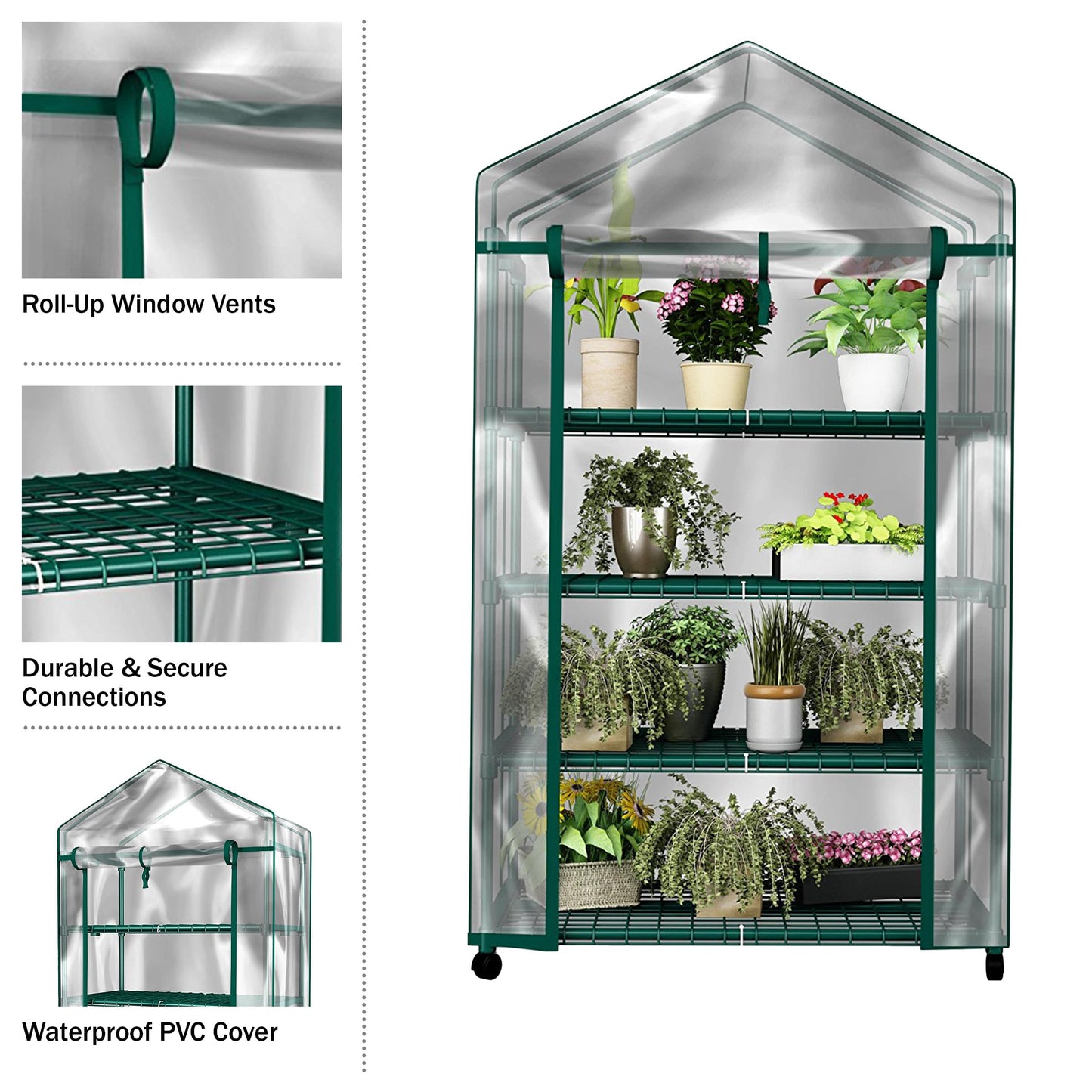 4 Tier Mini Greenhouse - Portable Greenhouse with Locking Wheels and PVC Cover for Indoor or Outdoor Green House by Pure Garden