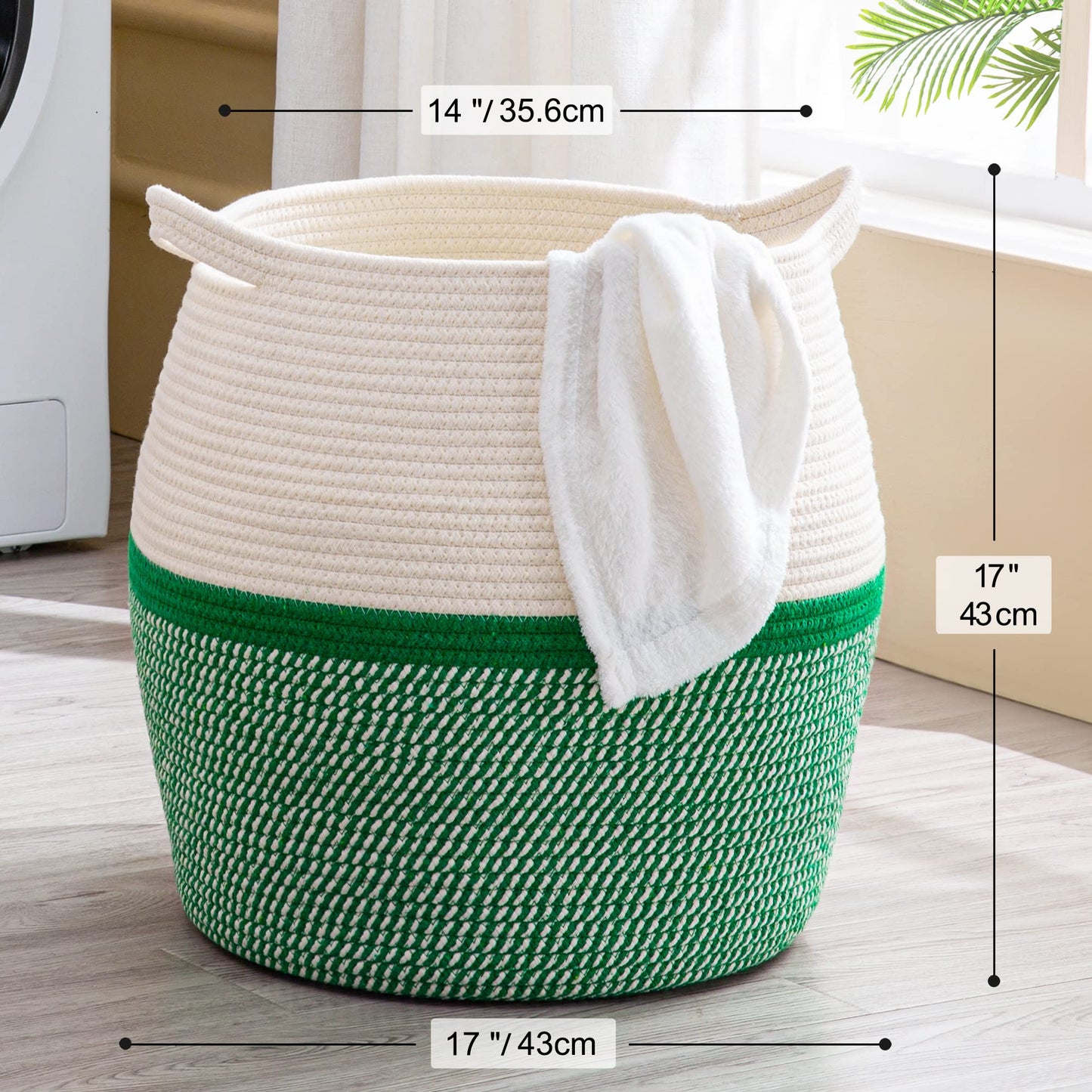 KAKAMAY Woven Baskets for Storage(17"x17"),Large Cotton Rope Woven Baby Laundry Hamper,Collapsible Laundry Basket, Blanket Basket for Organizing Living Room,Nursery,Pillows,Toy Chest(Green)