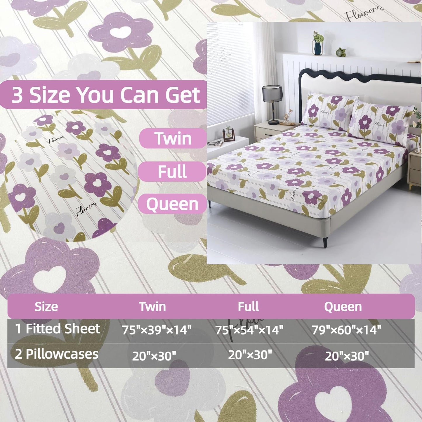 SDIII Purple Floral Twin Fitted Sheet with 2 Pillowcases, Deep Pocket Soft Microfiber Purple Floral Sheet Twin Size All Season