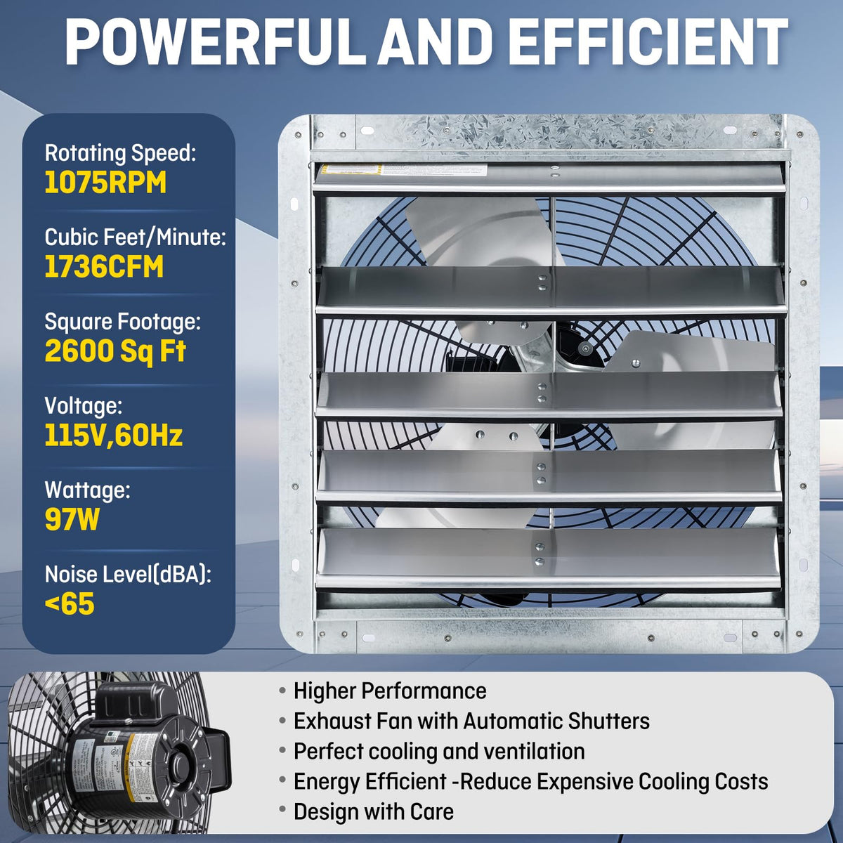 iLIVING 18" Wall Mounted Shutter Exhaust Fan, Automatic Shutter, with Thermostat and Variable Speed controller, 0.85A, 1736 CFM, 2600 SQF Coverage Area Silver (ILG8SF18V-ST)