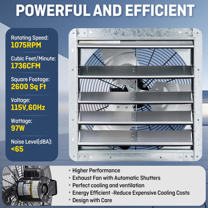 iLIVING 18" Wall Mounted Shutter Exhaust Fan, Automatic Shutter, with Thermostat and Variable Speed controller, 0.85A, 1736 CFM, 2600 SQF Coverage Area Silver (ILG8SF18V-ST)