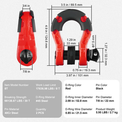 VEVOR 3/4" D Ring Shackle, Red Shackles for Truck with 7/8” Screw Pin 66139 lbs (30 Ton) Break Strength Black Isolator Washers Kit, Winch Towing Shackle for Truck Jeep Heavy Duty Off Road Recovery