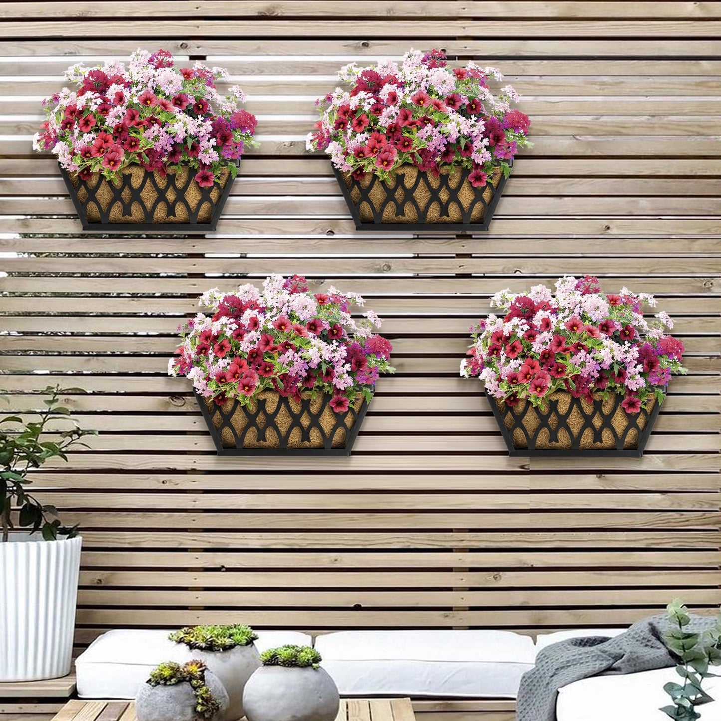 Karlliu 4 Pack 14 Inch Window Boxes Planters Railing Planter Box with Coco Liners Deck Railing Planter Boxes Balcony Hanging Flower Box for Outdoor Plants Garden Decor