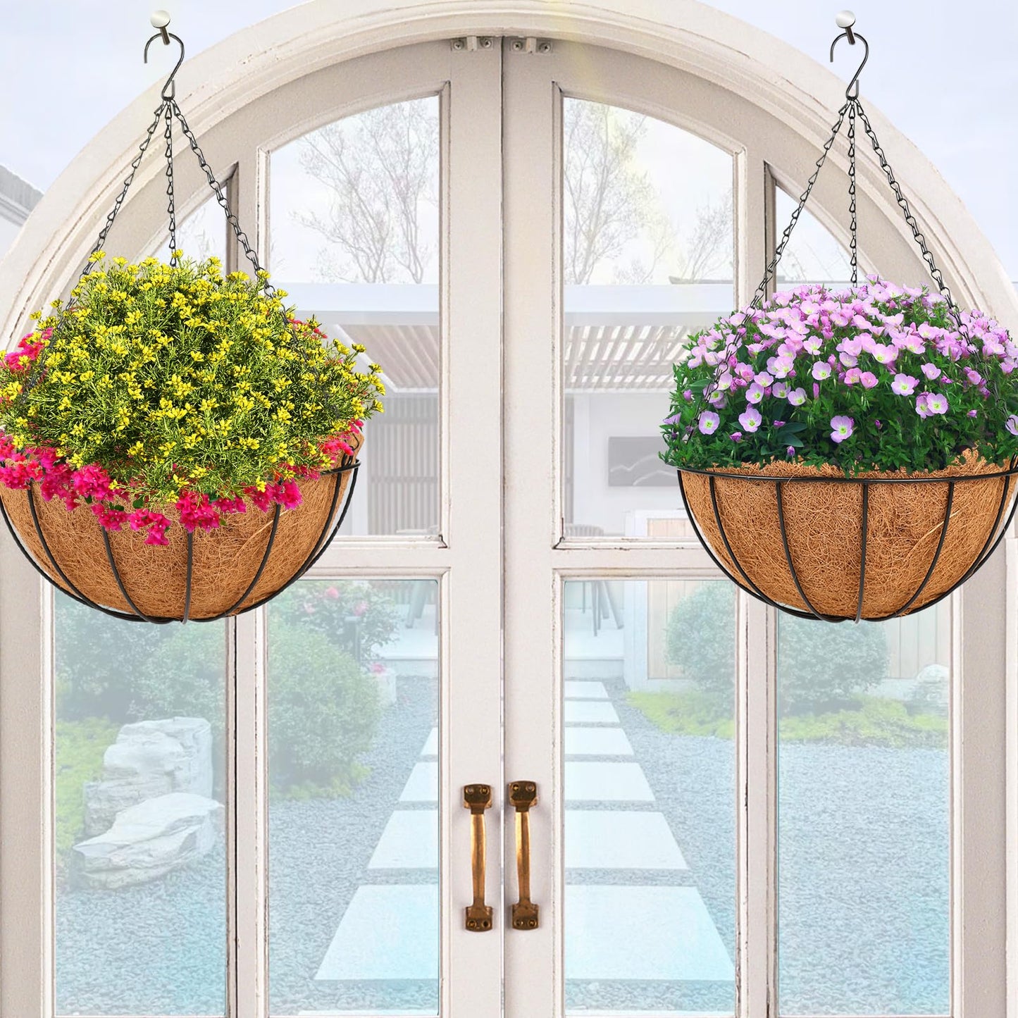 HKZ Hanging Basket Planter Plants Outdoor - 2 Pack 14 Inch Metal Hanging Planter with Coco Liners, Hanging Flower Pots with Chain Hook for Indoor Outdoor Garden Porch Decoration