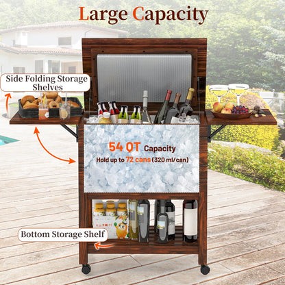 SPORFIT 54 Quart Rolling Patio Cooler Cart, Pine Wood Ice Chest Bar Cart with Drain, Fold Down Shelves & Bottle Opener, Outdoor Beverage Cooler Cart on Wheels for Parties Backyard Poolside Deck