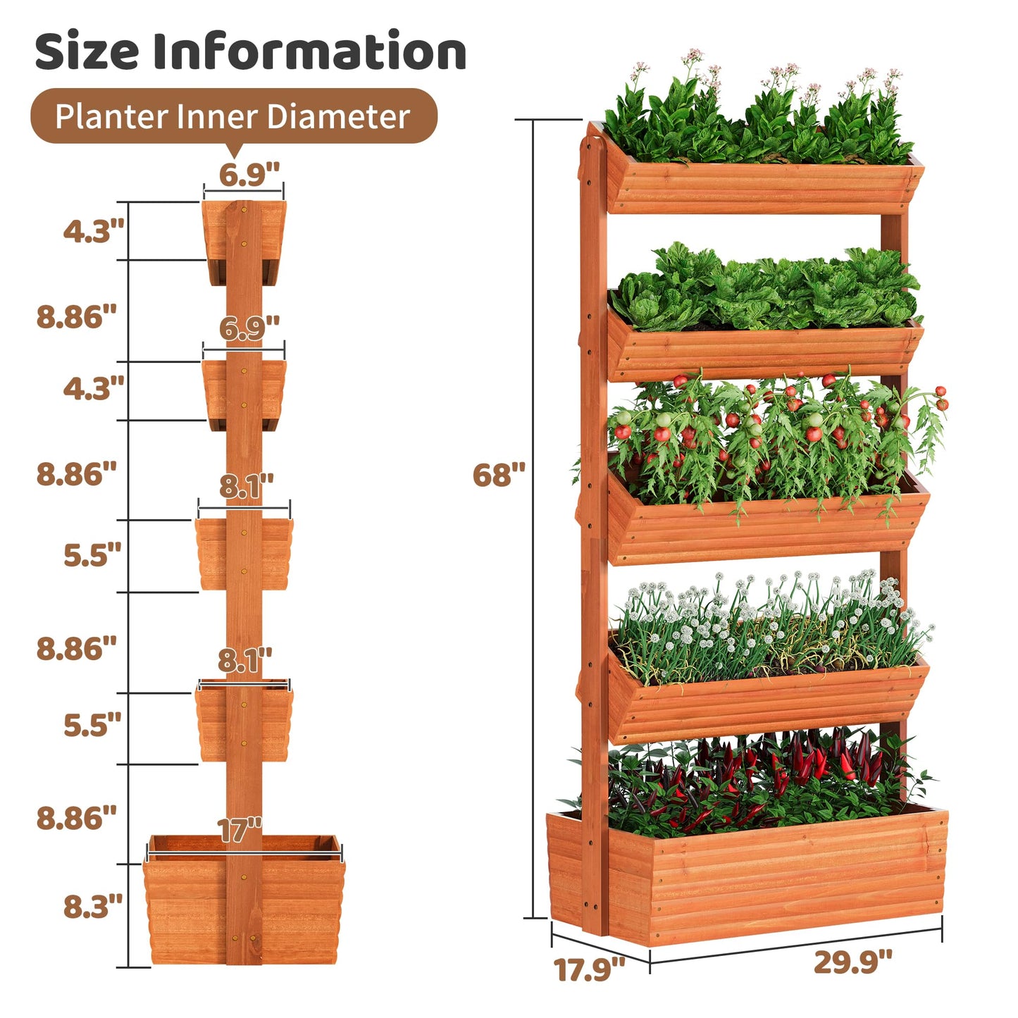 FILWH Wooden Raised Garden Bed Vertical Planter Box, Freestanding Plant Stand for Indoor Outdoor Plants, Herbs, Flowers, Vegetables, Gardening (Reddish Brown, 5-Tier，29.9 x 17.9 x 68in)