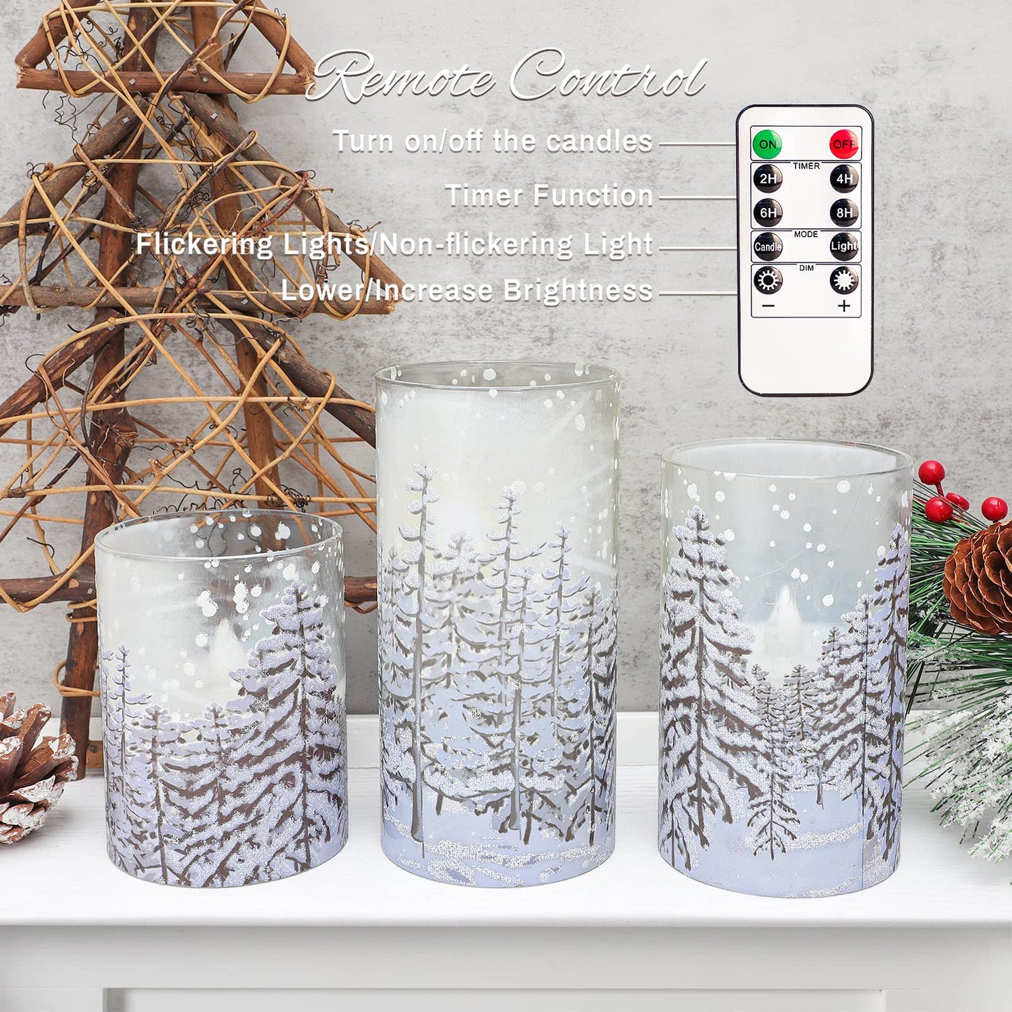 REVELBUNNY Christmas Tree Flameless Candles, Flickering Battery Operated LED Candles with Remote Timer, Snowflake Iced Glass Pillar Candles for Holiday Party Home Decoration Christmas Gifts, Set of 3