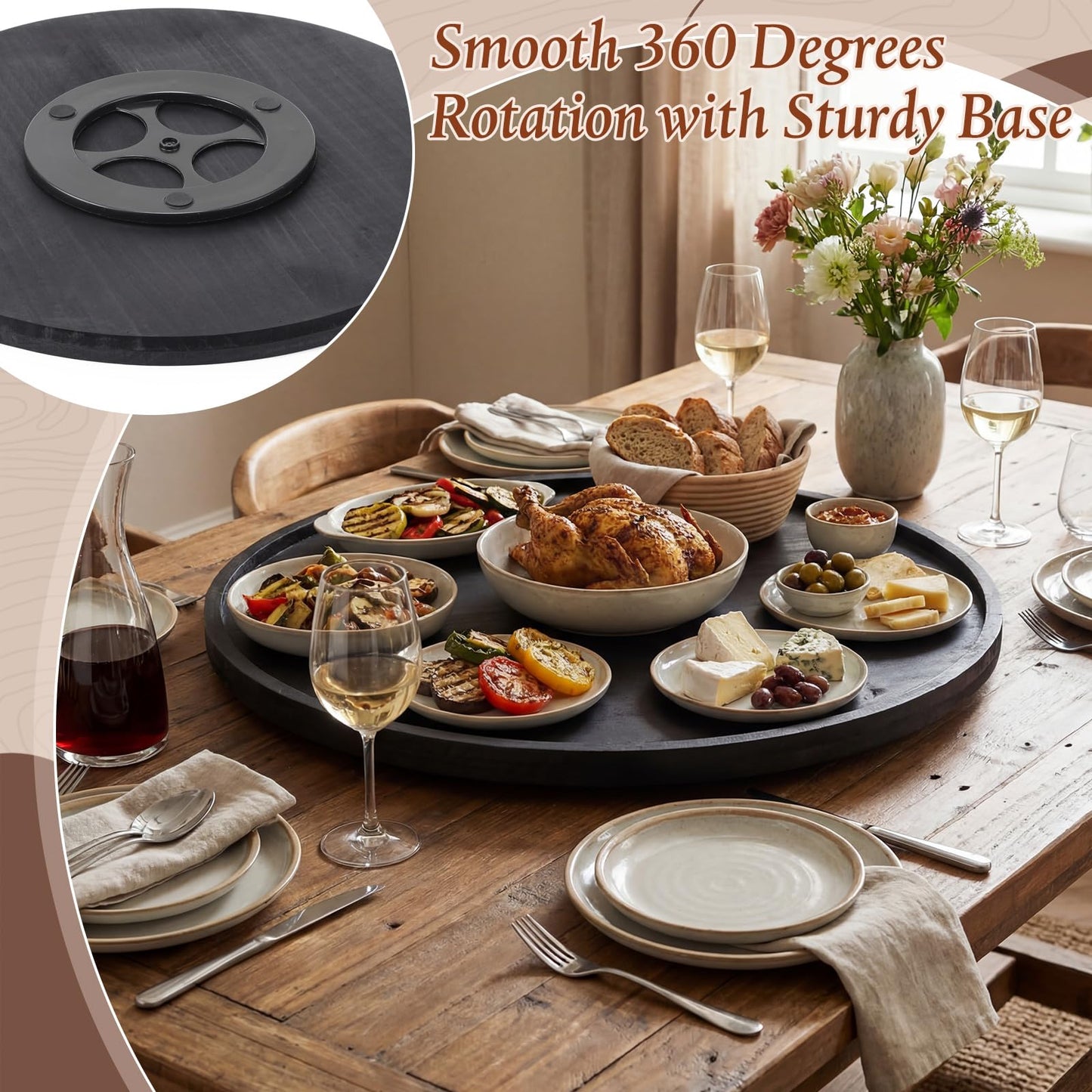 Yiyiring 20'' Wood Lazy Susan for Countertop Acacia Large Turntable Rotating Serving Tray for Table Top Non Skid Kitchen Tray Revolving Condiment Spice Rack Table Organization Storage, Black