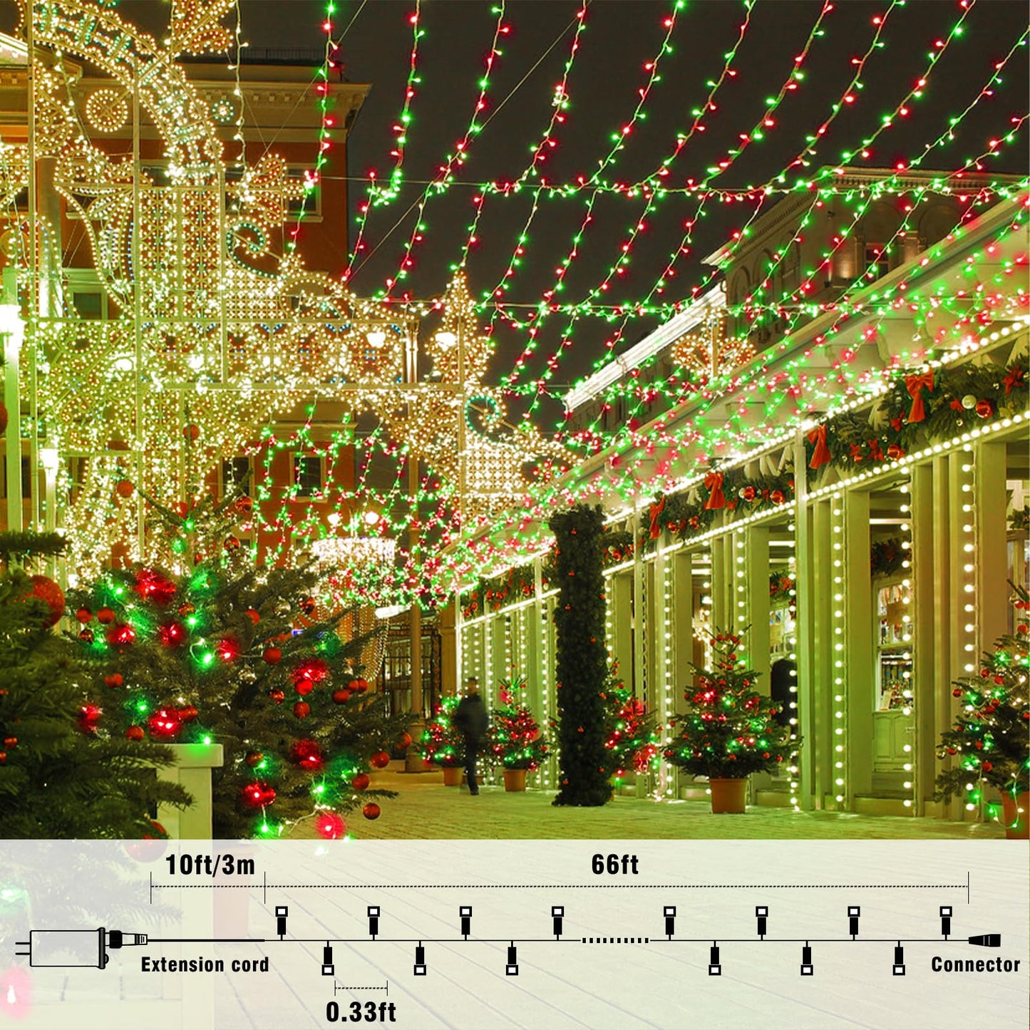 66FT 200 LED Outdoor String Lights, Plug in Connectable Christmas Lights Indoor Clear Wire, Waterproof 8 Modes String Lights for Outside Xmas Tree Patio Garden Roon Party Decorations, Red and Green