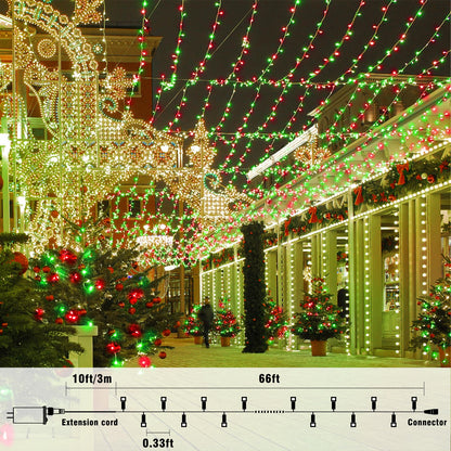 66FT 200 LED Outdoor String Lights, Plug in Connectable Christmas Lights Indoor Clear Wire, Waterproof 8 Modes String Lights for Outside Xmas Tree Patio Garden Roon Party Decorations, Red and Green