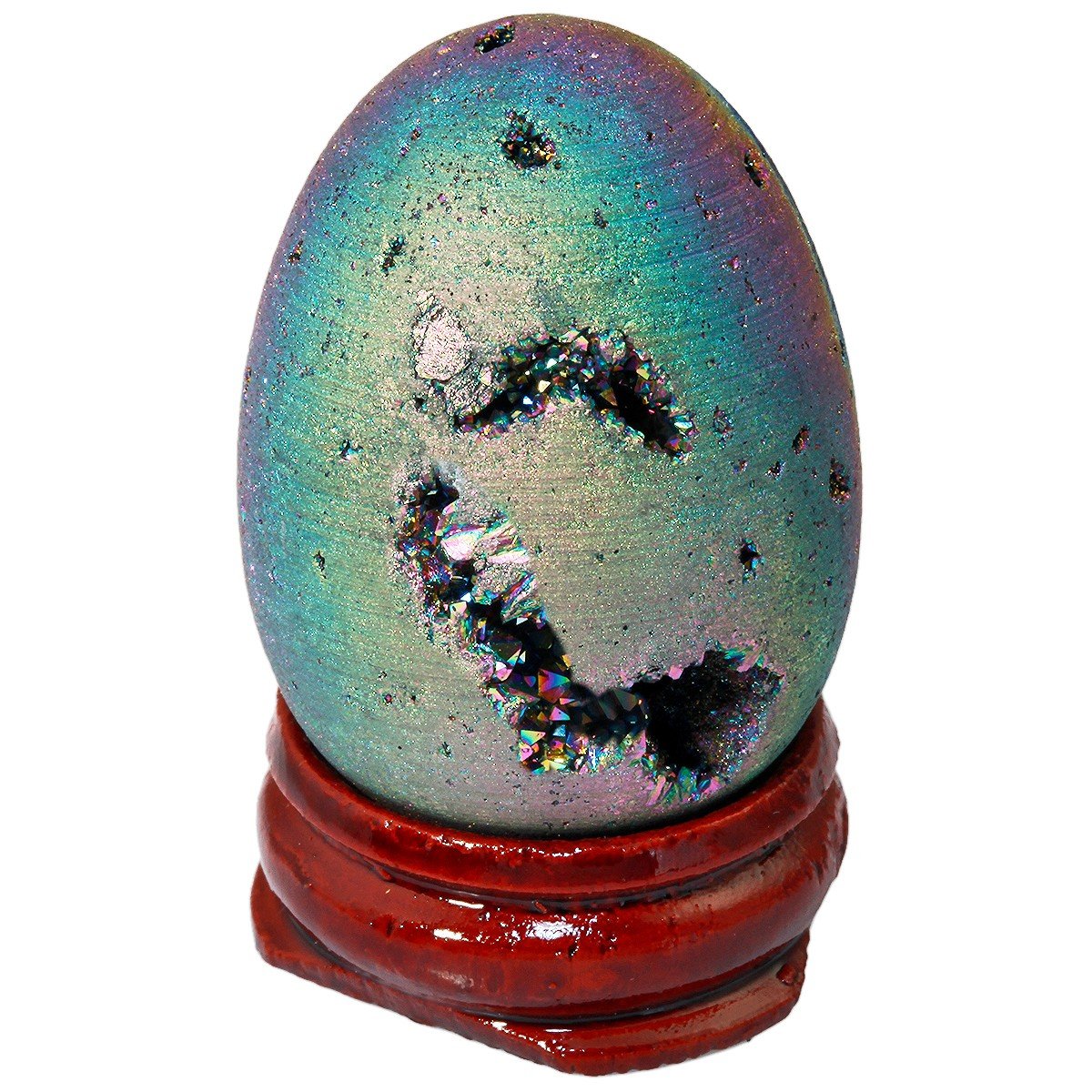 Rockcloud Natural Titanium Coated Druzy Agate Geode Colorful Flame Aura Egg Shape Decoration with Wood Stand