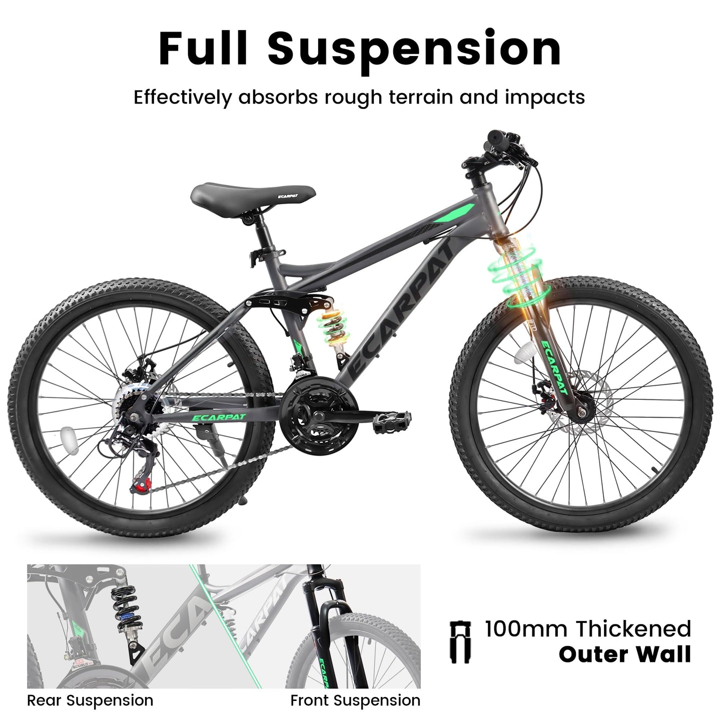 Ecarpat Full Dual Suspension 26 Inch Mountain Bike, 21-Speed Disc Brake, Front Fork Rear Shock Absorber Carbon Steel Frame Mountain Bike, Mens Womens Trail Commuter City Bicycles