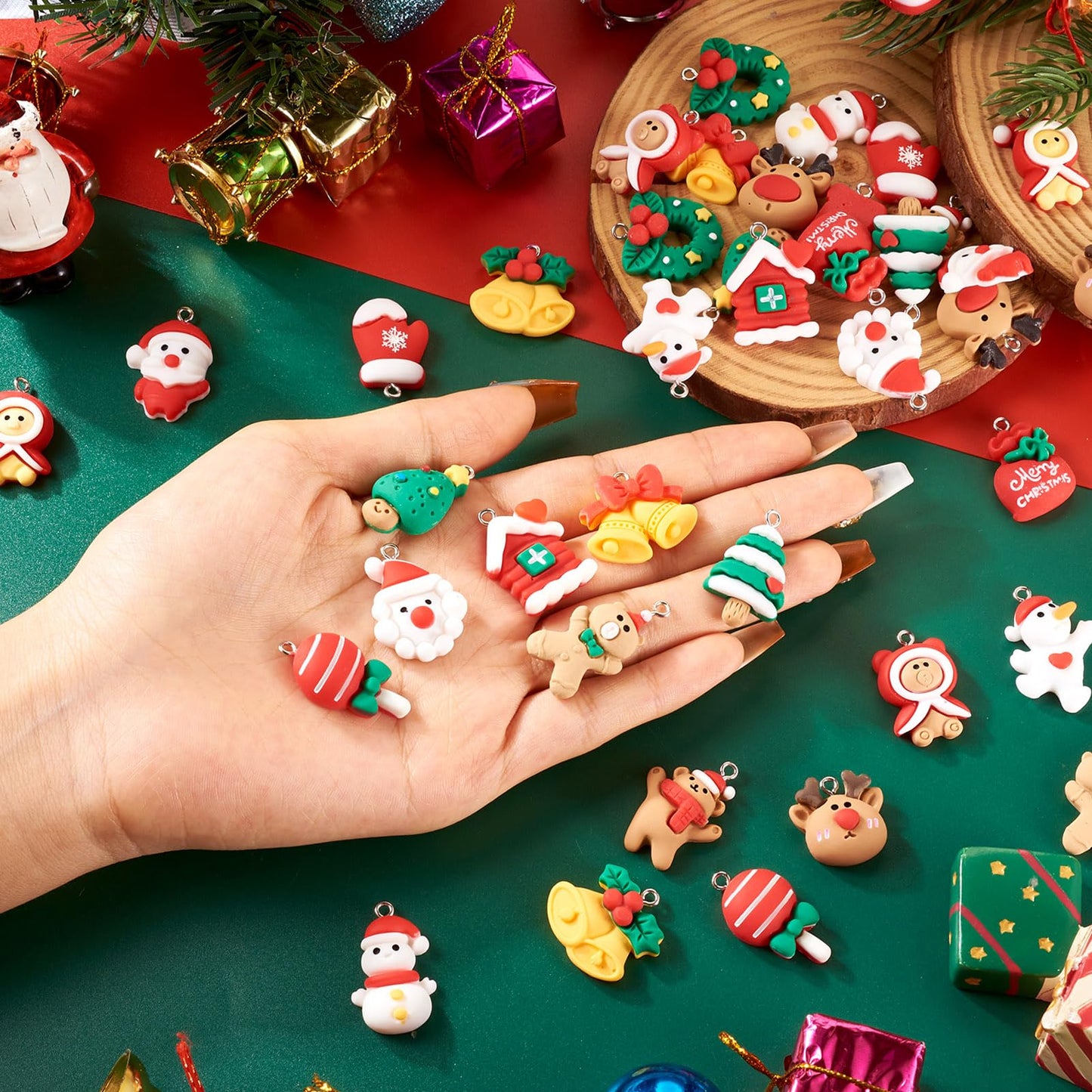 Cheriswelry 40Pcs Christmas Resin Charms for Crafts Santa Claus Snowman Deer Jingle Bell Pendants Ornaments 21-30mm for Xmas Home Party Decoration Necklace Earring Bracelet Making