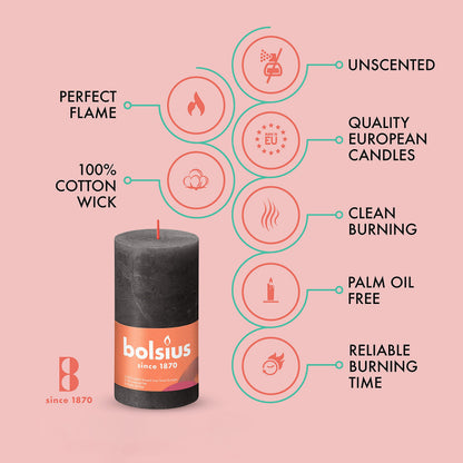 BOLSIUS 4 Pack Black (Stormy Gray) Rustic Pillar Candles - 2.75 X 5 Inches - Premium European Quality - Includes Natural Plant-Based Wax - Unscented Dripless Smokeless 60 Hour Party Decor Candles
