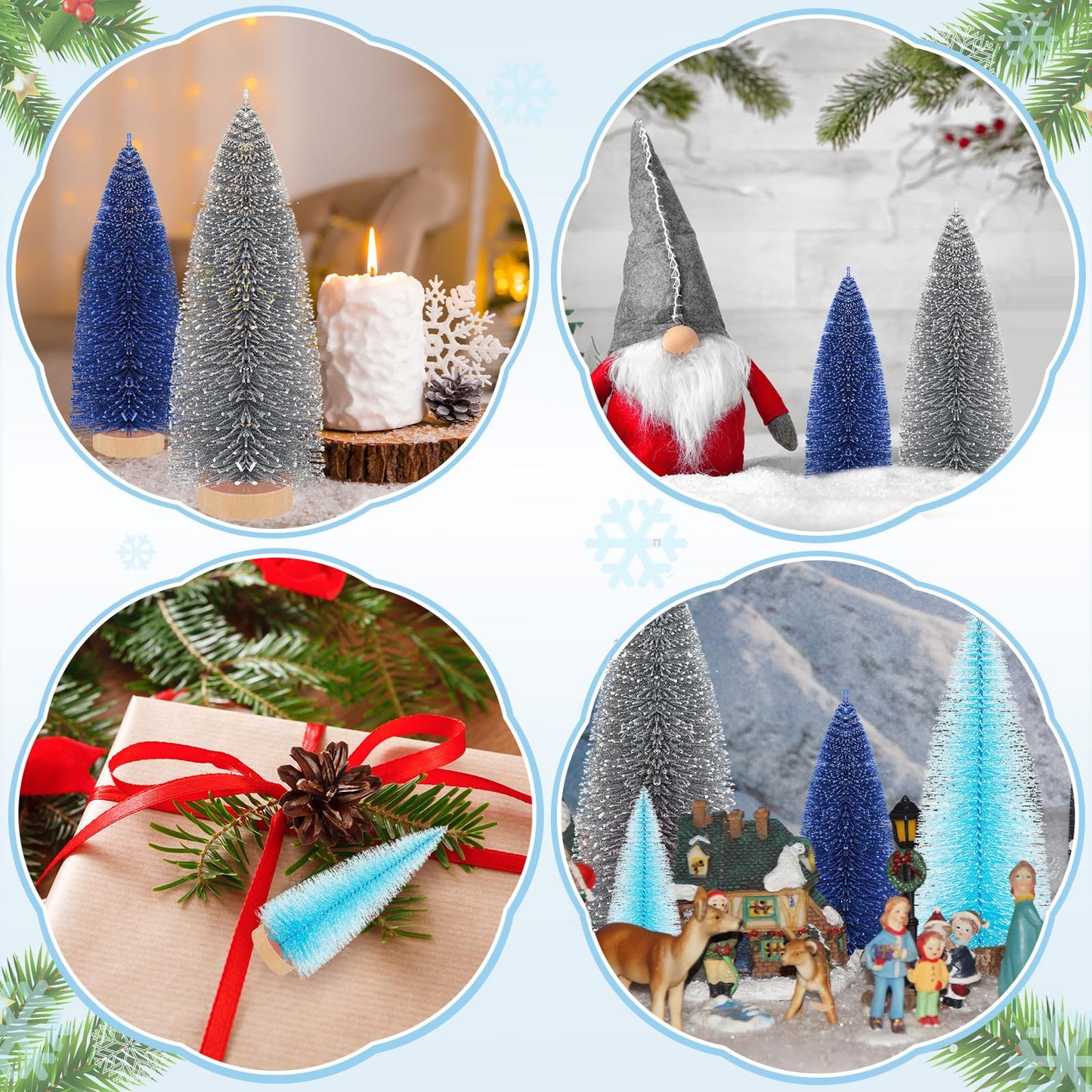 Leyndo 9 Pcs Blue Classic Artificial Mini Christmas Tree Sisal Bottle Brush Trees with Wood Base Christmas Pine Trees for Autumn Winter Holiday Home Kitchen Party Decor