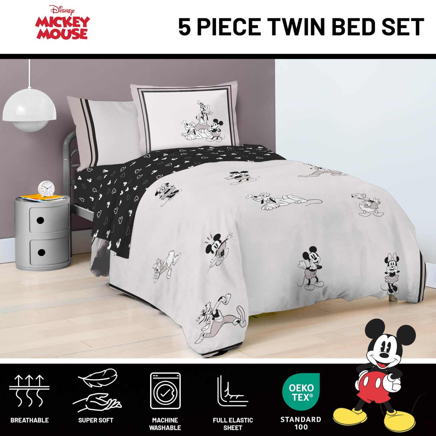 Jay Franco Kids Comforter Set Includes Sheets and Pillow Covers - Soft and Cozy Bed Set for Stylish Room Decor, Official Licensed Bedding, Beige - Mickey and Friends, 5 Piece Twin