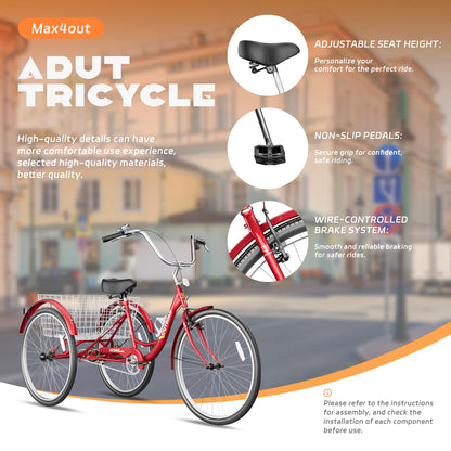 Max4out Adult Tricycle with Large Basket 24/26 Inch, Stable 3 Wheel Cruise Bicycle for Shopping, Beach and City Trike Perfect for Men, Women, Seniors（24 Red）