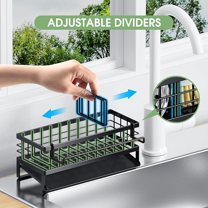 Self-Draining Kitchen Sink Caddy, Rustproof Non-Slip Metal Sponge Holder