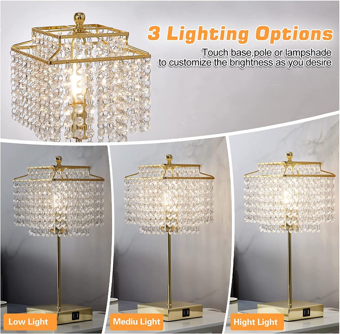 Luvkczc Crystal Touch Table Lamp, Bedside Lamps with with USB C+A Ports, Gold Bedroom Lamp, Dimmable Lamp with Crystal Shade, Nightstand Lamps for Bedroom, Living Room, Bulb Included