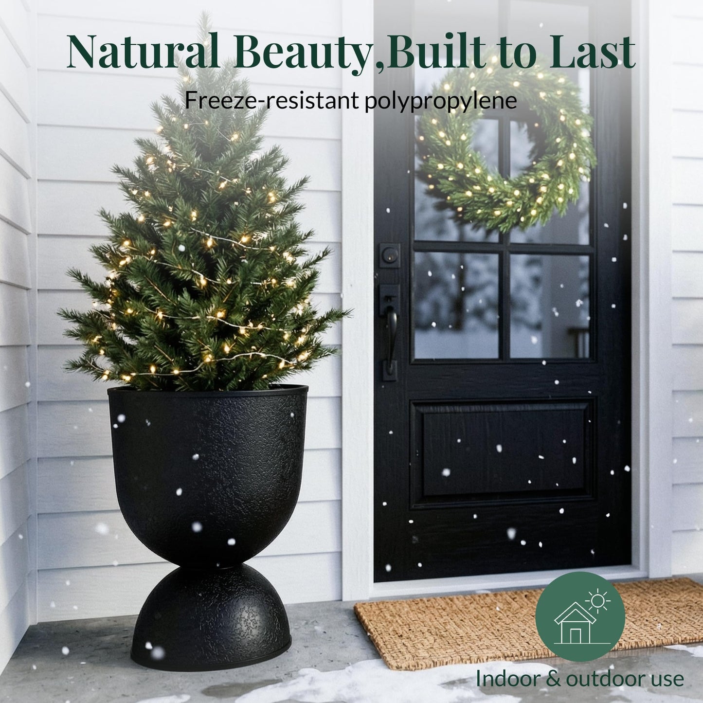 KOL Planters Flower Pots, Large Plastic Urn Planters for Indoor Outdoor Plants, Black Pedestal Planter 2 Pack, 18 Inch+23 Inch, Tall Decorative Planters with Drainage Holes & Plugs for Porch Garden