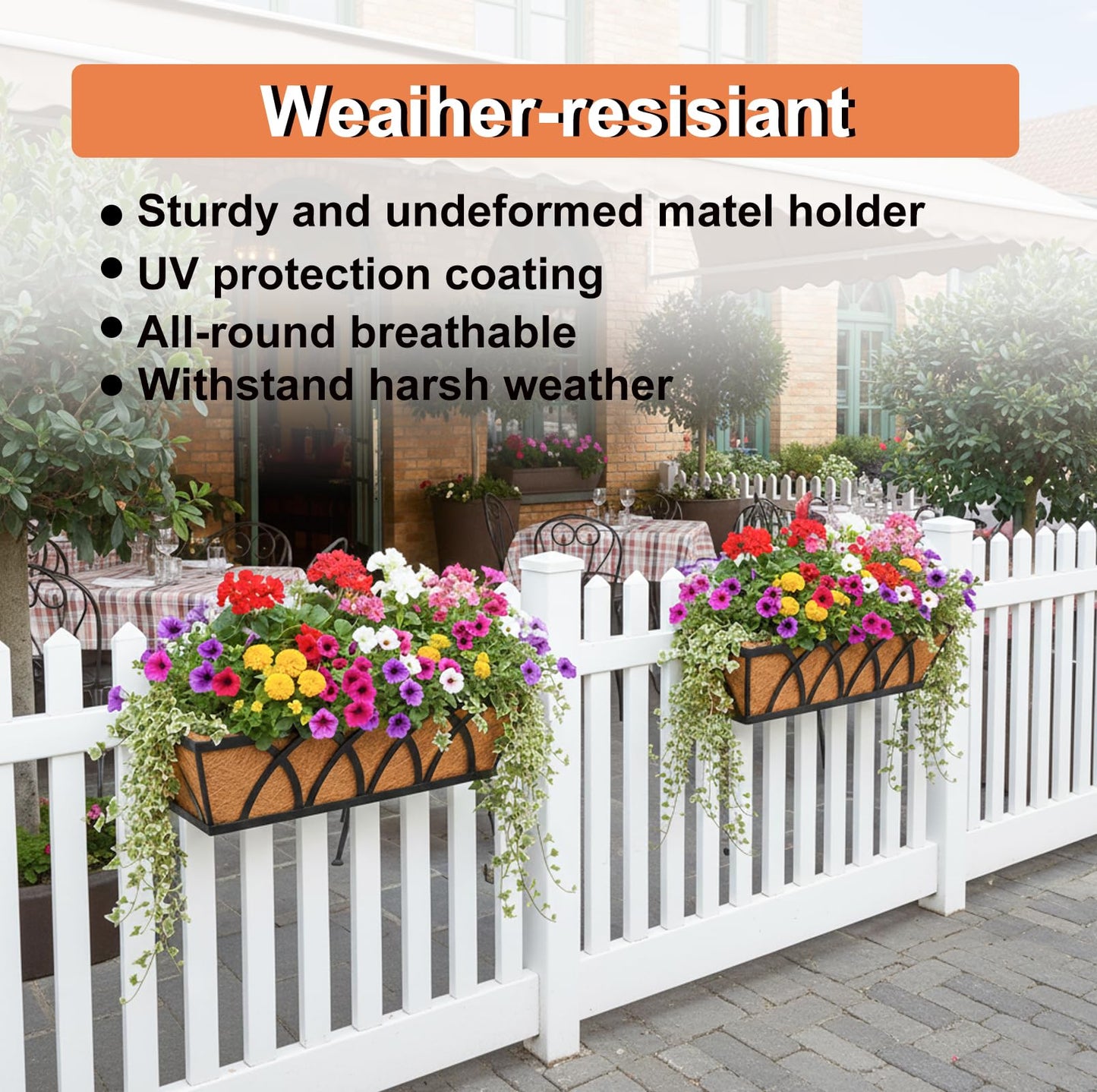 Flat Railing Planter Window Box Wall Hanging Planters (2 Pack, 24 Inch) Balcony Fence Planter with Coco Liner, Horse Trough Planter Metal Window Planter Box for Outdoor Plant Holder Rail Deck