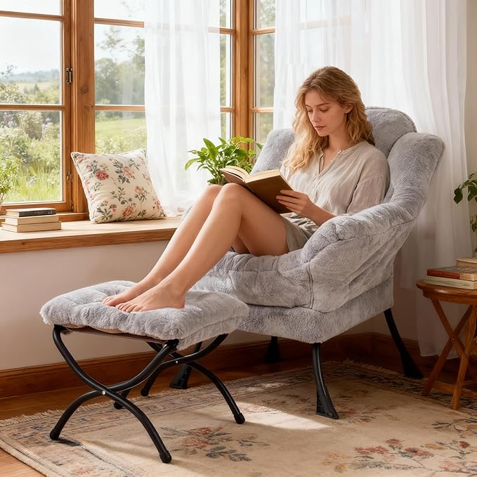 Lazy Chair with Ottoman, Modern Accent Lounge Leisure Sofa with Armrests