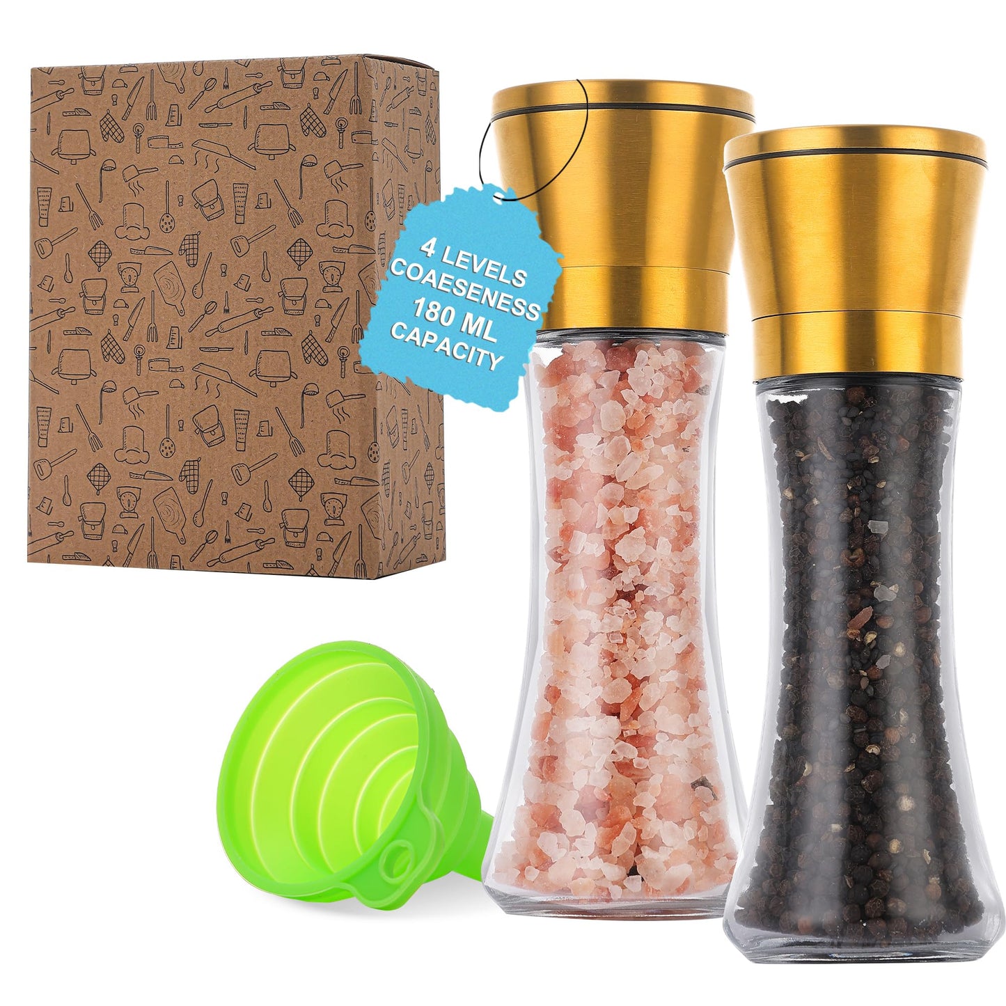 DAVIMADE Gold Salt and Pepper Grinder Set of 2-Glass Pepper Mill and Salt Shakers with Adjustable Ceramic Coarseness & Stainless Steel Lid-W/Silicone Funnel - Modern Kitchen Accessories