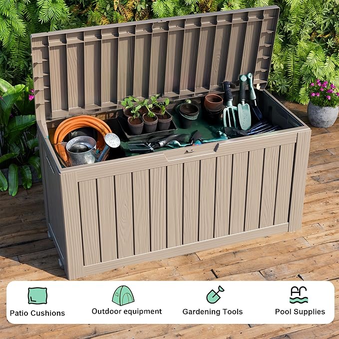76 Gallon Outdoor Deck Box, Lockable Waterproof Outdoor Storage Boxes For Garden Tools,Indoor Cushions,Accessories Outside Storage Resin Weatherproof Container(Grey)