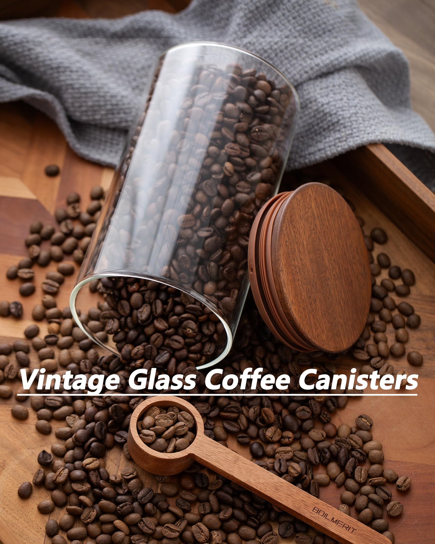 BOILMERIT 37 oz Coffee Canister with Scoop and Wooden Lids, Airtight Storage Container Sets of 2 for Ground Coffee & Beans, Glass Jars for Coffee Bar Organizer, Kitchen Countertop