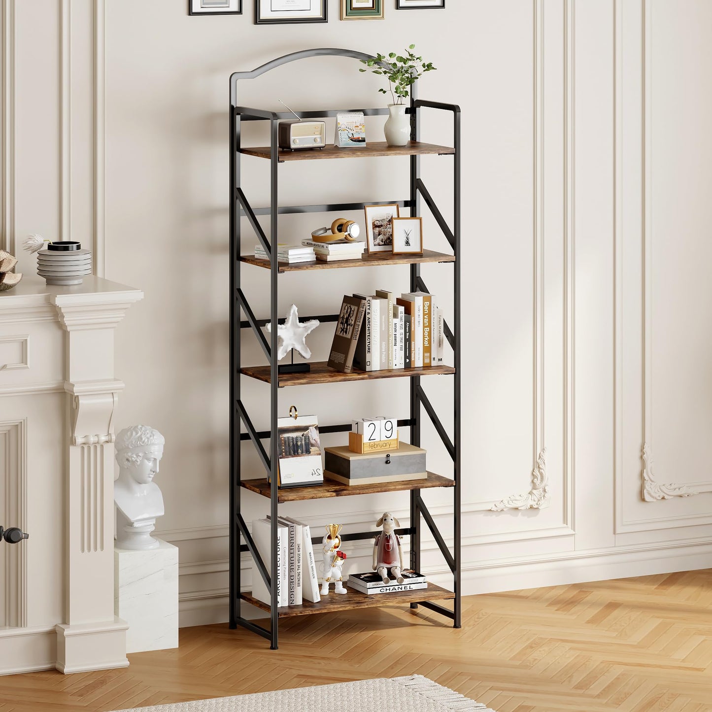 BHG No Assembly Folding Bookshelf for Living Room,Semicircle Collapsible Book Shelf for Home Office, Portable Bookcase Storage Organizer Rack Shelves