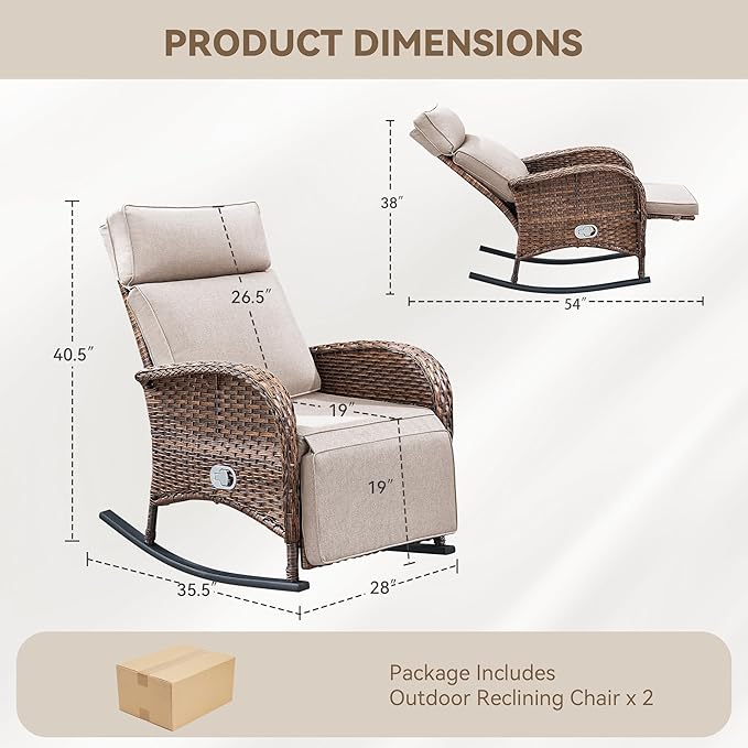 Zero Gravity Patio Rocking Wicker Recliner Chairs Set of 2- Wicker Outdoor Lounge Chair with Adjustable Backrest & Footrest, All Weather Reclining Rocker Chairs with Thick Cushion for Pool Deck Beige
