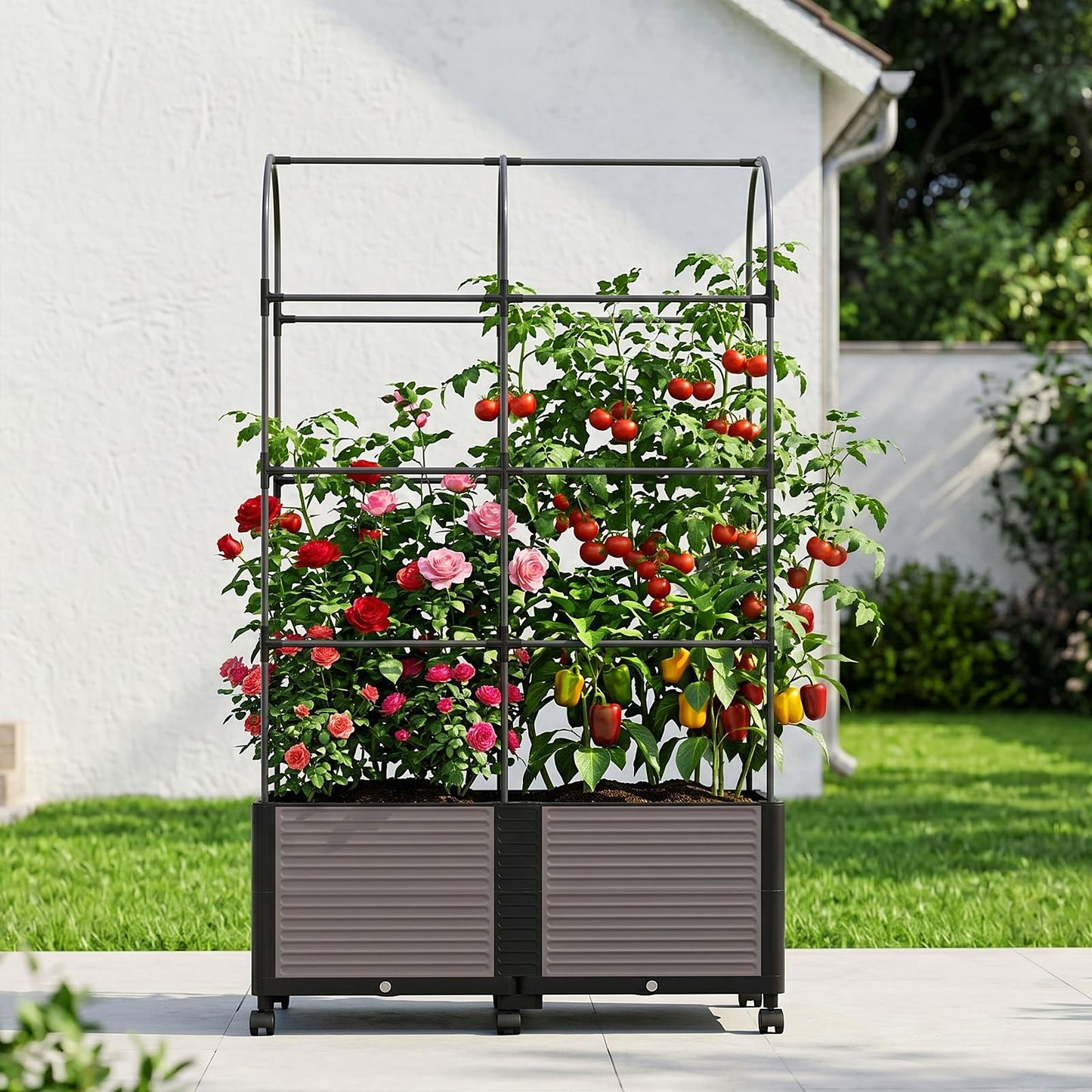 UrGROWA Raised Garden Bed Planter Box with Trellis, 73''H Tomato Planters for Climbing Plants Vegetable Vine Flowers Outdoor Patio Tomato Cage, Self Watering Planter with Wheels