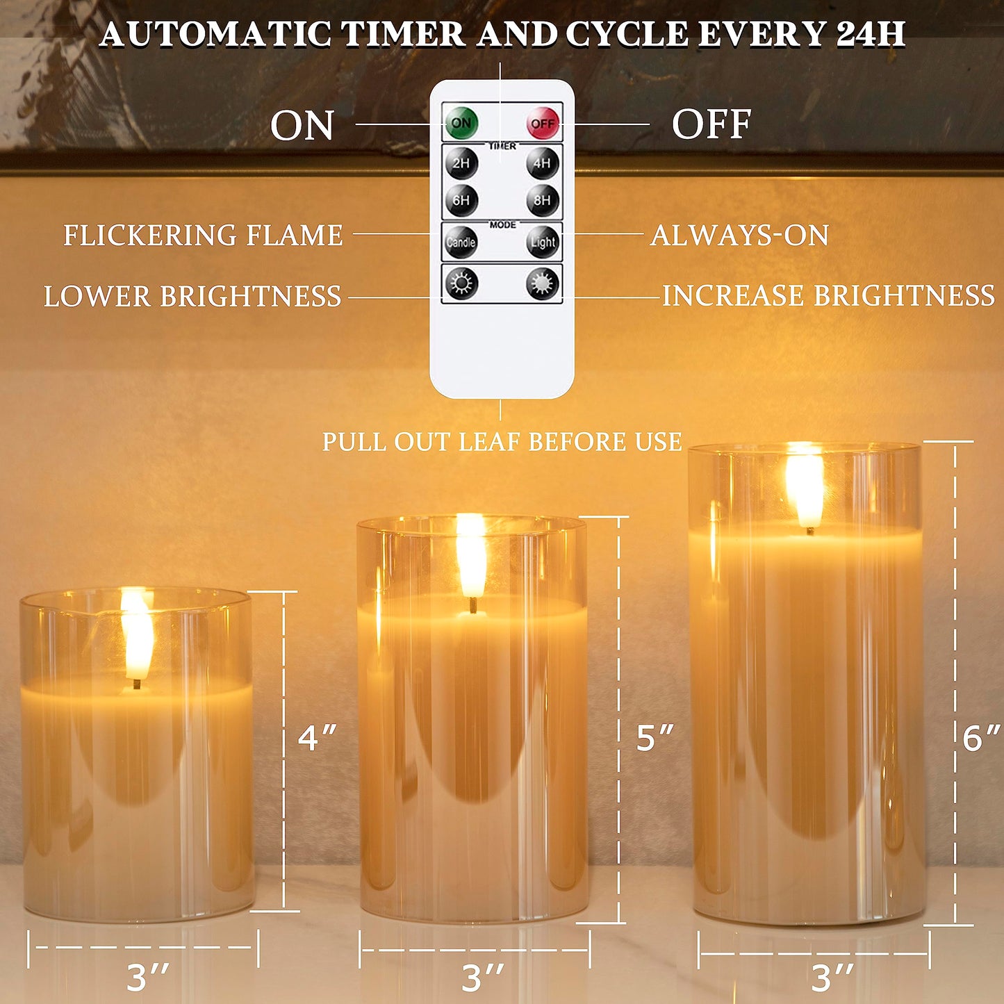 LUSHARBOR LUSHABOR Flameless Candles with Remote, 3 Pack Glass Battery Operated Candles with Timer, Real Wax Glass LED Candles Flickering Wedding Home Party Christmas D3 H4 5" 6" Gold