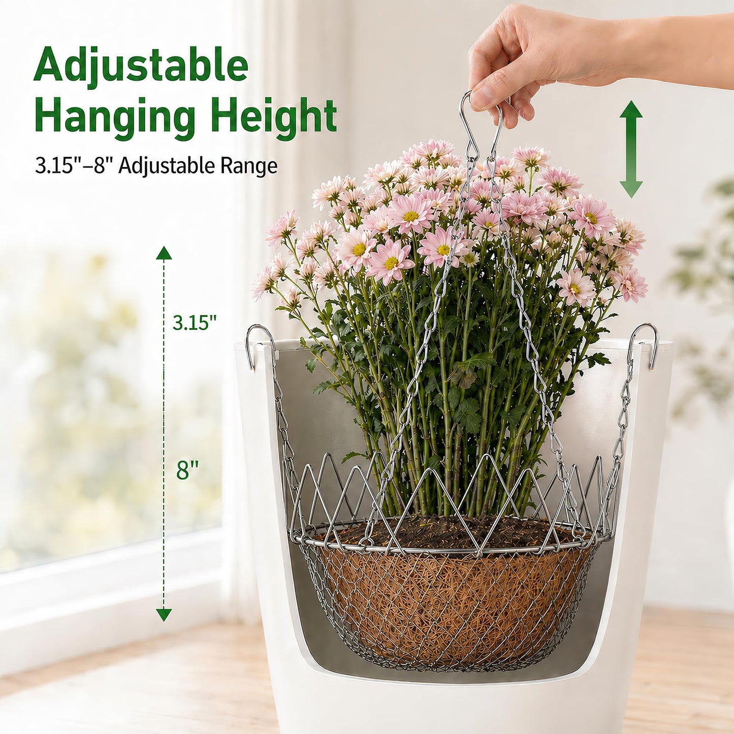 BLANRICO Adjustable Planter Insert for Pots 12-18" Opening, Stainless Steel Plant Lifters with Hanging Chains Planter Lift Kit for Tall Inside Pots, Indoor and Outdoor (4 Pack)