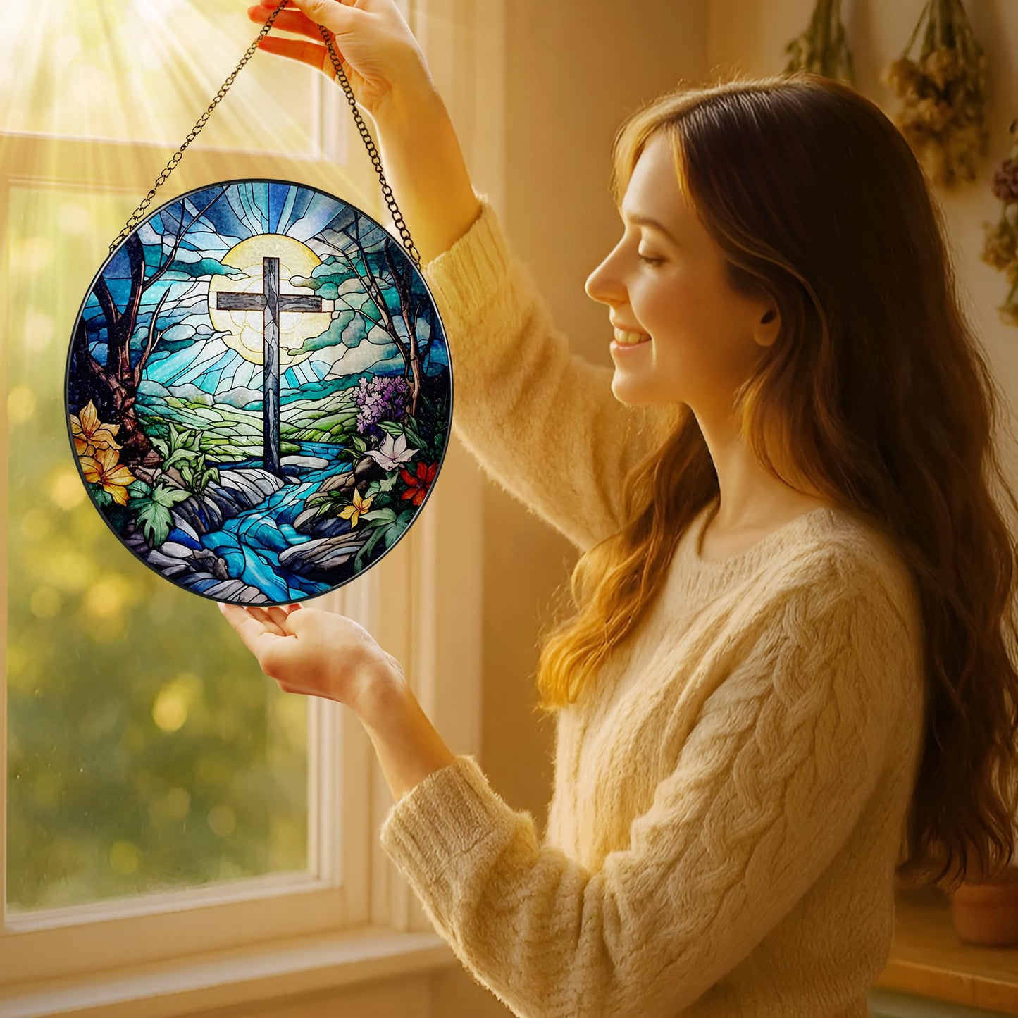 8 Inch Cross Stained Glass Suncatcher - Stained Glass Window Hanging, Sun Catchers Indoor Window, Christian Decor, Window Decor Hanging | Christian Gifts, Religious Gifts, Baptism Gift