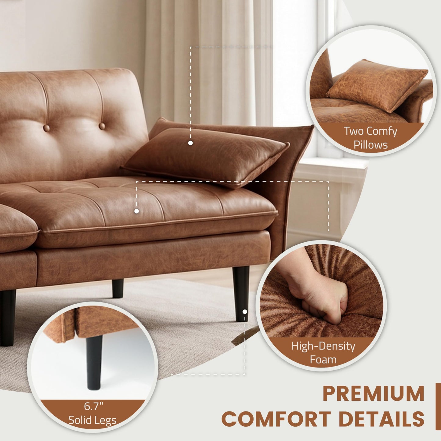 Attalee Convertible Futon Sofa Bed, Faux Leather Futon Couch with 3 Adjustable Angles & Armrests, Sleeper Sofa with Side Pockets for Living Room, Bedroom, Apartment, Camel(Brown)