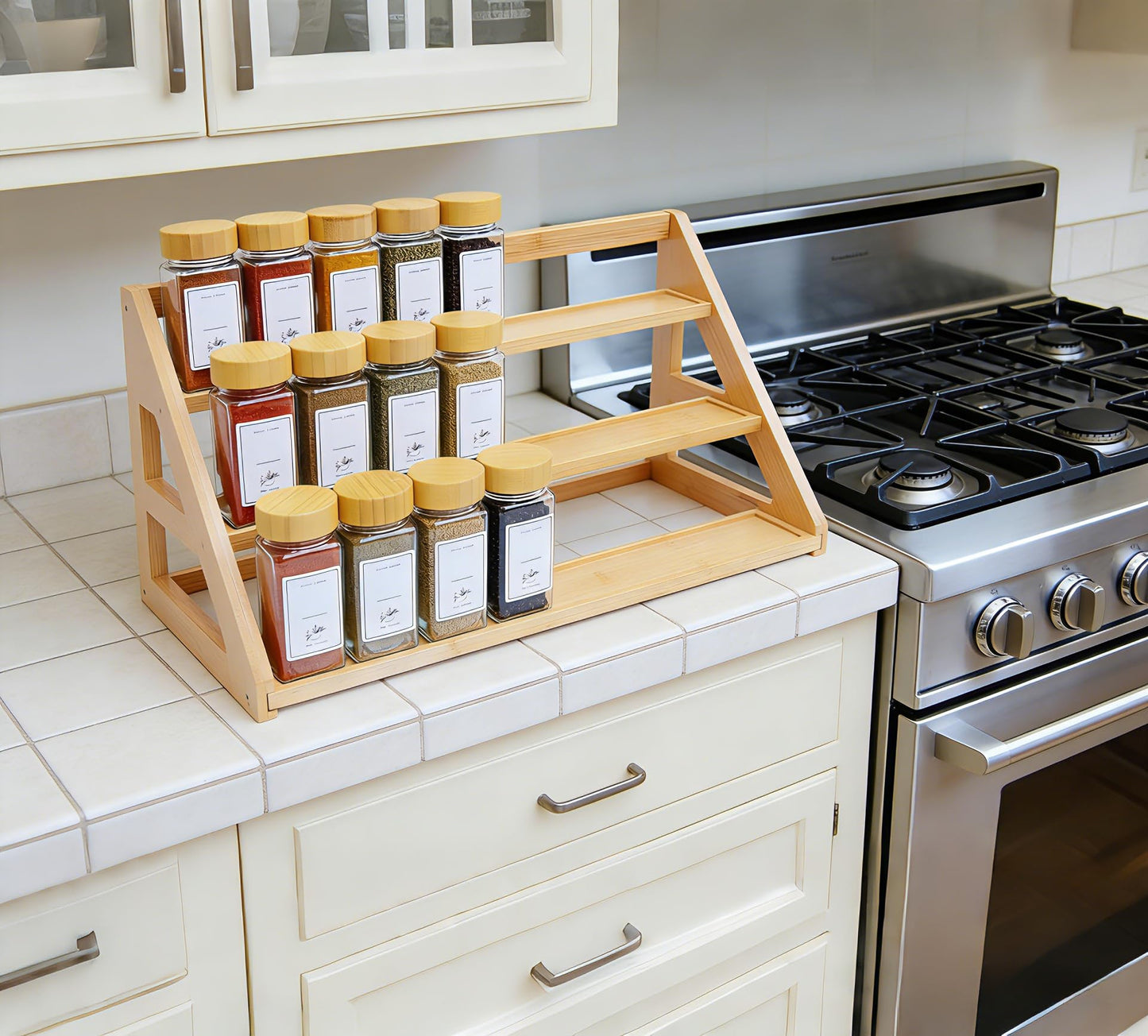 Rasydyn Bamboo Tier Spice Rack Organizer: 17.5 Inch Wide Kitchen Cabinet Countertop Spice Jar Organizer for Home Organization