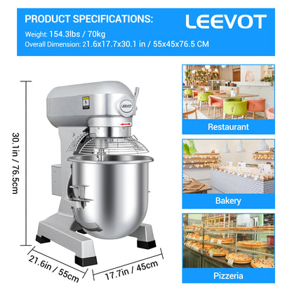 LEEVOT 30 Qt 1250W Commercial Food Mixer, Commercial mixer 3 Speeds Adjustable Heavy Duty Stand Mixer with Stainless Steel Bowl for Bakery Pizzeria.